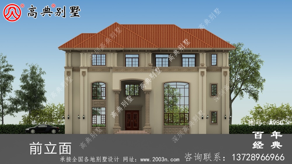 歐式三層舒適別墅帶露臺設計圖及效果圖_鄉村三層別墅設計圖