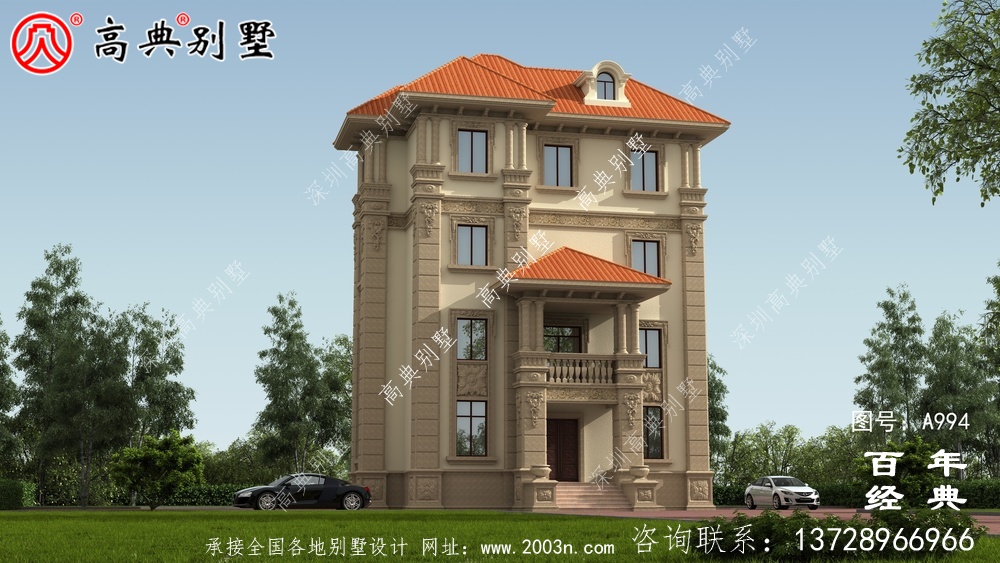 復式四層歐式別墅的外觀效果圖與施工圖設計_四層別墅設計圖