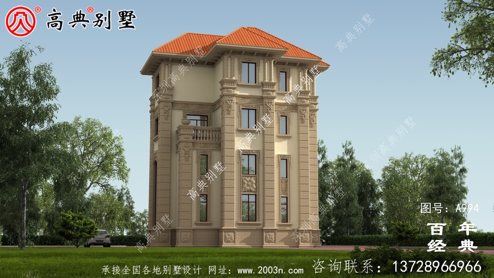 復式四層歐式別墅的外觀效果圖與施工圖設計_四層別墅設計圖