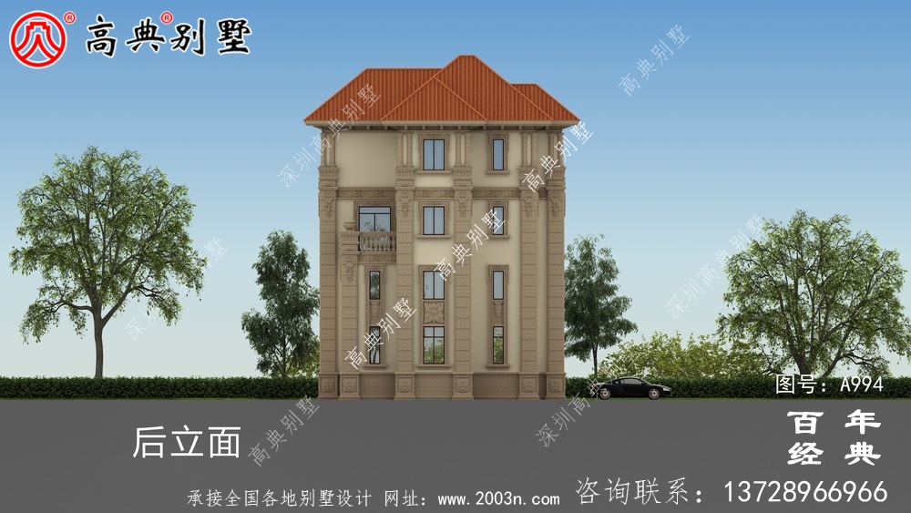 復式四層歐式別墅的外觀效果圖與施工圖設計_四層別墅設計圖
