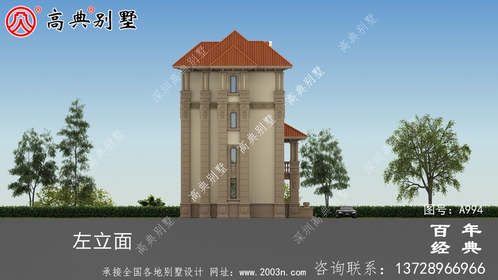 復式四層歐式別墅的外觀效果圖與施工圖設計_四層別墅設計圖