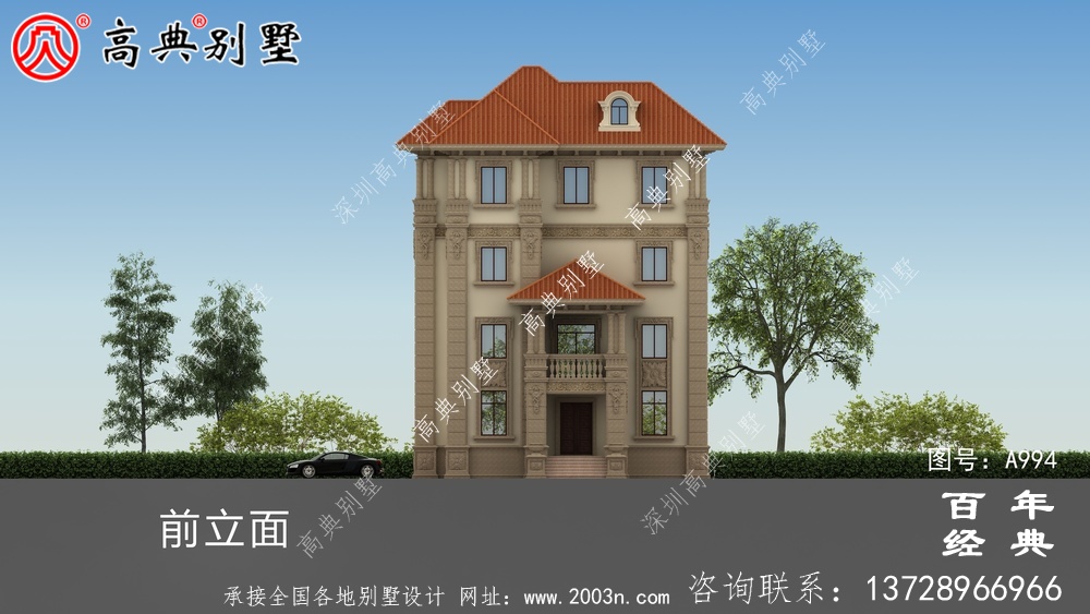 復式四層歐式別墅的外觀效果圖與施工圖設計_四層別墅設計圖