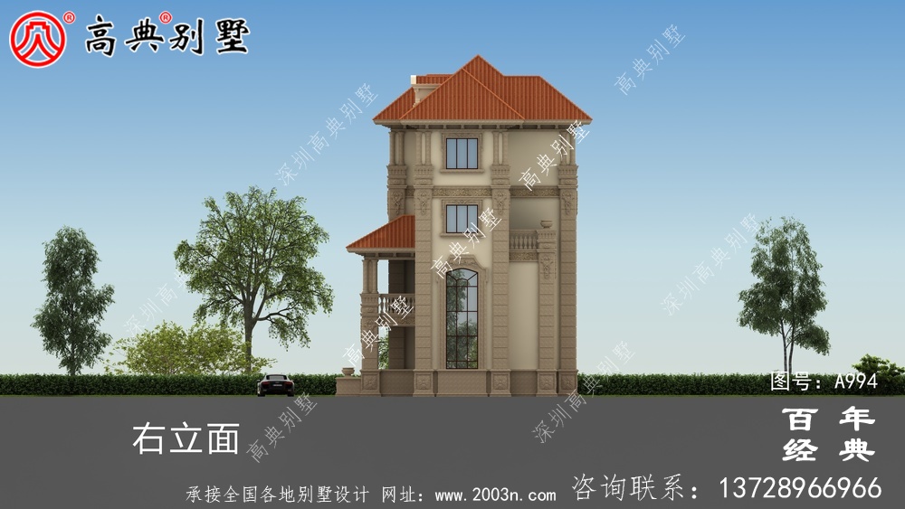 復式四層歐式別墅的外觀效果圖與施工圖設計_四層別墅設計圖