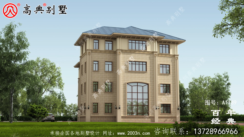 低調復式四層歐式別墅外觀效果圖與施工圖設計_四層別墅設計圖