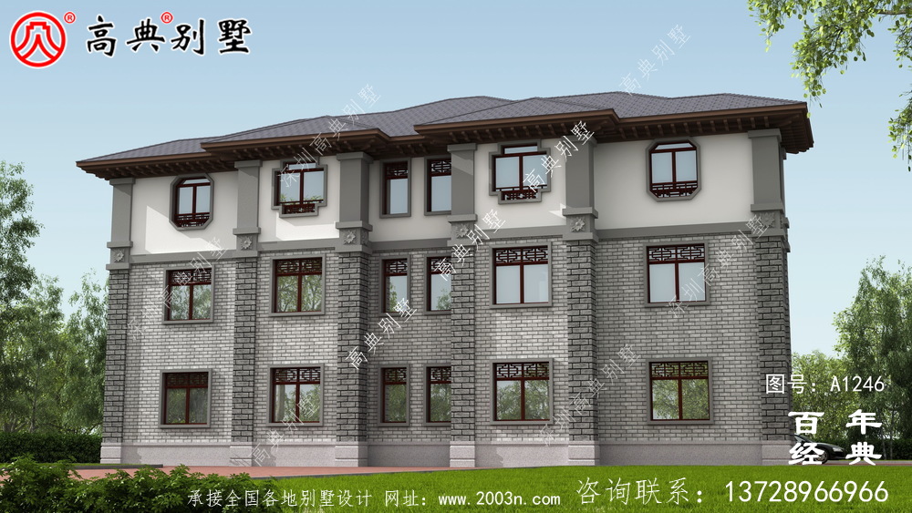 中式雙拼復式三層農村別墅外觀效果圖_農村三層別墅設計圖紙
