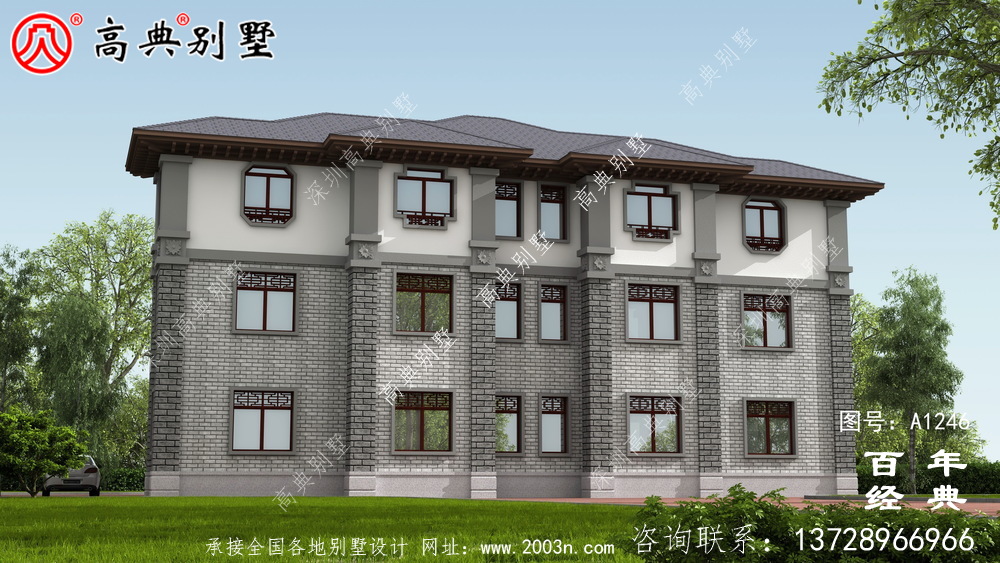 中式雙拼復式三層農村別墅外觀效果圖_農村三層別墅設計圖紙