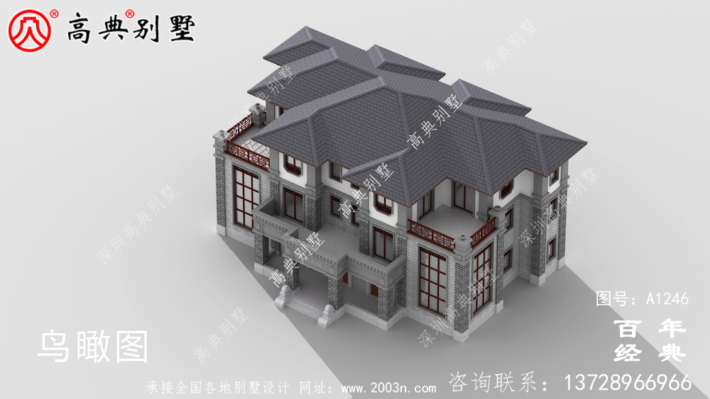 中式雙拼復式三層農村別墅外觀效果圖_農村三層別墅設計圖紙