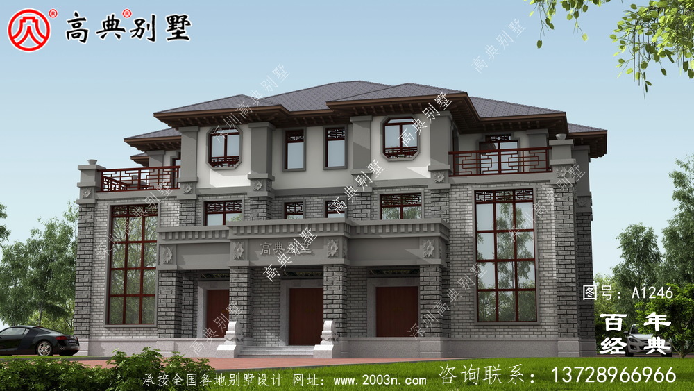 中式雙拼復式三層農村別墅外觀效果圖_農村三層別墅設計圖紙
