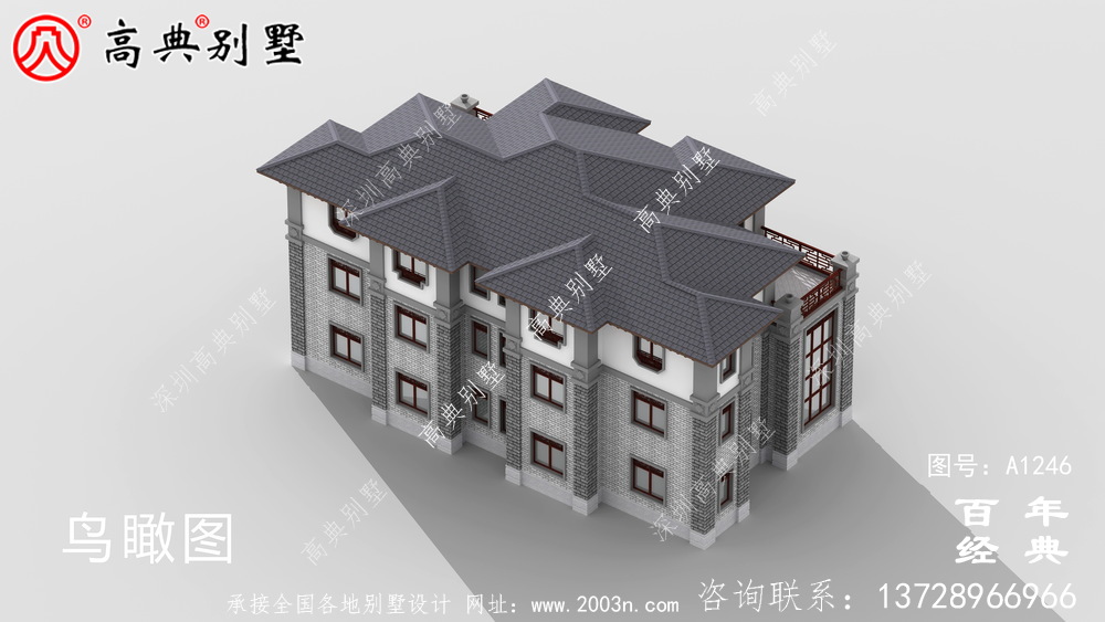 中式雙拼復式三層農村別墅外觀效果圖_農村三層別墅設計圖紙