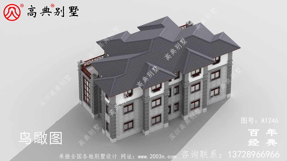中式雙拼復式三層農村別墅外觀效果圖_農村三層別墅設計圖紙