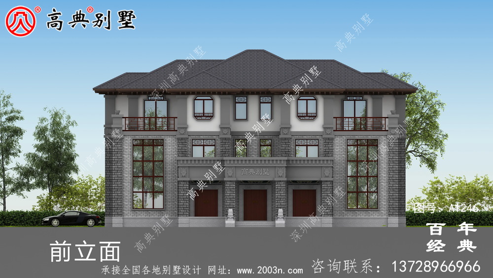 中式雙拼復式三層農村別墅外觀效果圖_農村三層別墅設計圖紙