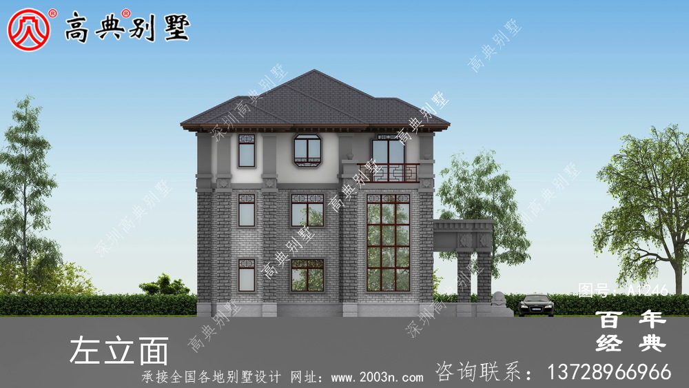 中式雙拼復式三層農村別墅外觀效果圖_農村三層別墅設計圖紙