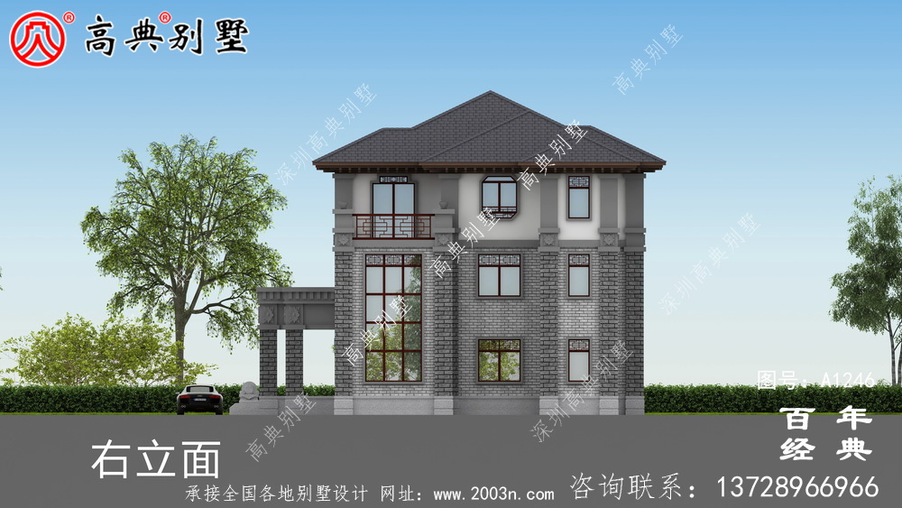 中式雙拼復式三層農村別墅外觀效果圖_農村三層別墅設計圖紙