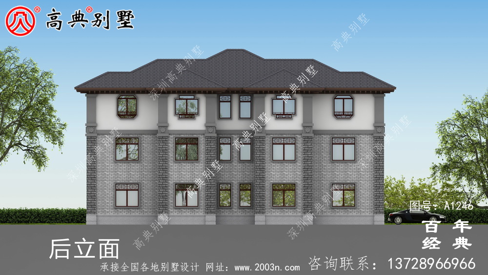 中式雙拼復式三層農村別墅外觀效果圖_農村三層別墅設計圖紙