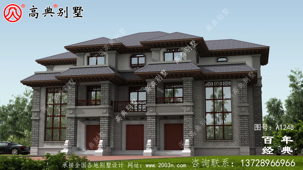復(fù)式雙拼三層新中式別墅外觀設(shè)計(jì)效果圖_農(nóng)村三層別墅設(shè)計(jì)圖紙