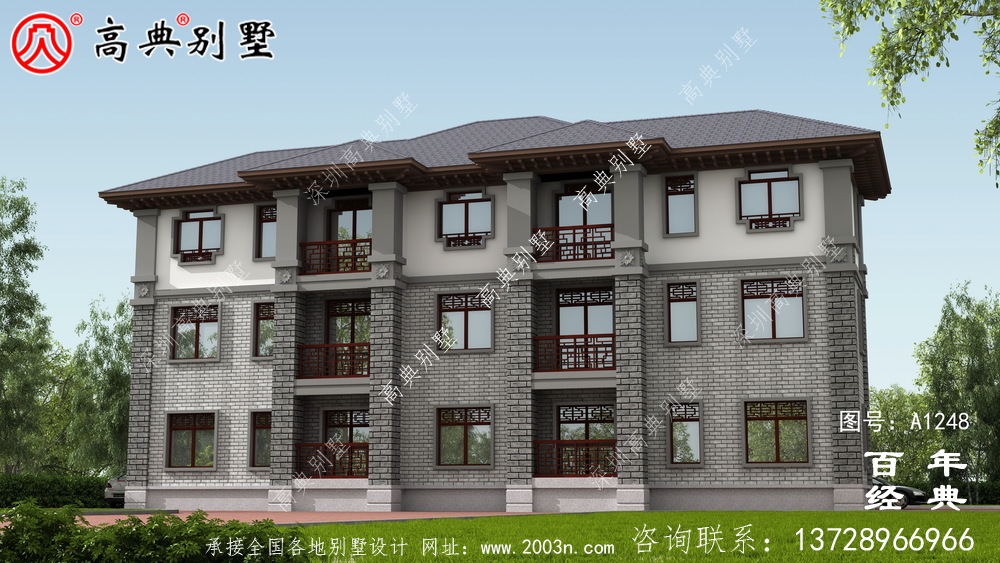 復(fù)式雙拼三層新中式別墅外觀設(shè)計(jì)效果圖_農(nóng)村三層別墅設(shè)計(jì)圖紙