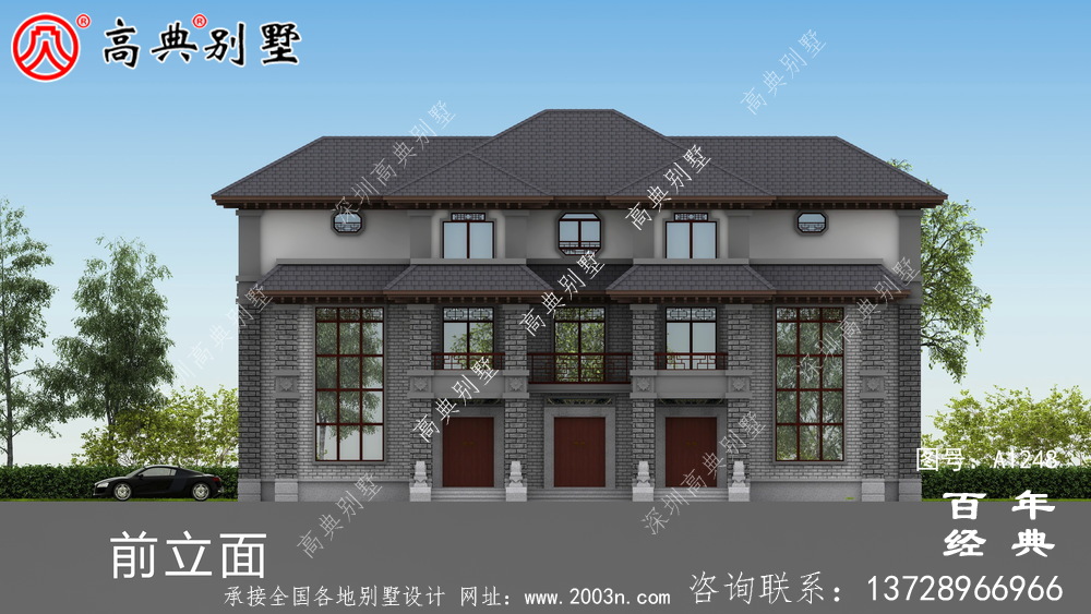 復(fù)式雙拼三層新中式別墅外觀設(shè)計(jì)效果圖_農(nóng)村三層別墅設(shè)計(jì)圖紙