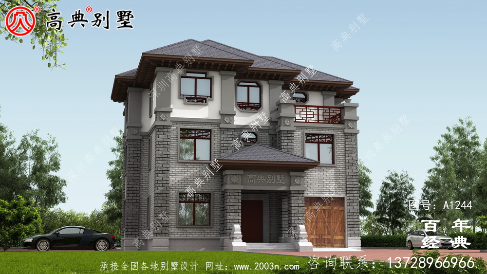 新中式三層帶車庫農村別墅外觀效果圖及施工圖設計_三層別墅設計圖紙 新中式三層帶車庫農村別墅外觀效果圖及施工圖設計_三層別墅設計圖紙