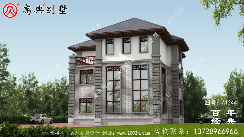 新中式三層帶車庫農村別墅外觀效果圖及施工圖設計_三層別墅設計圖紙