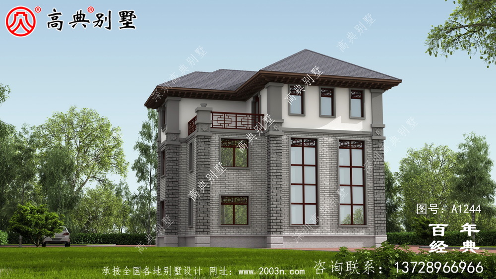 新中式三層帶車庫農村別墅外觀效果圖及施工圖設計_三層別墅設計圖紙