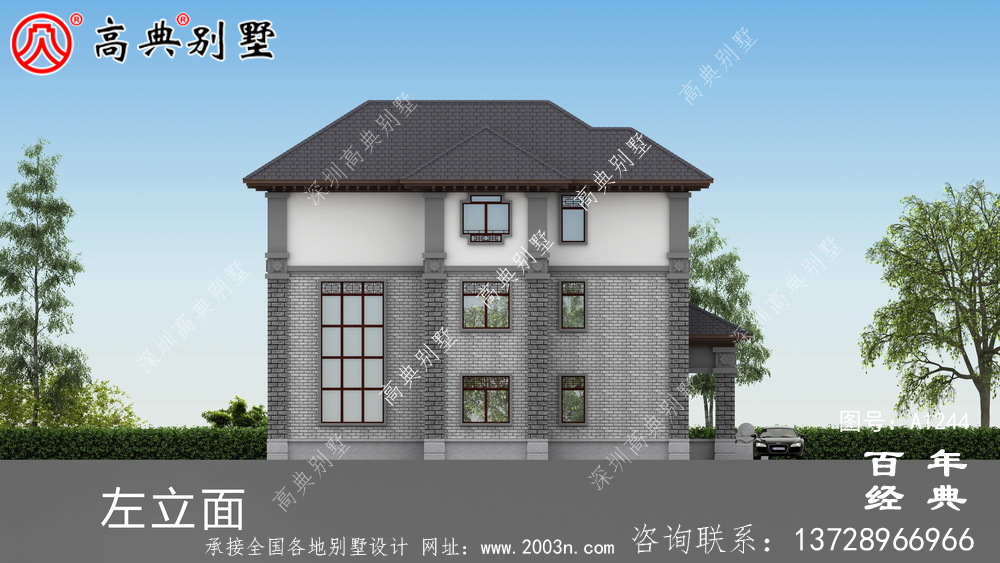新中式三層帶車庫農村別墅外觀效果圖及施工圖設計_三層別墅設計圖紙