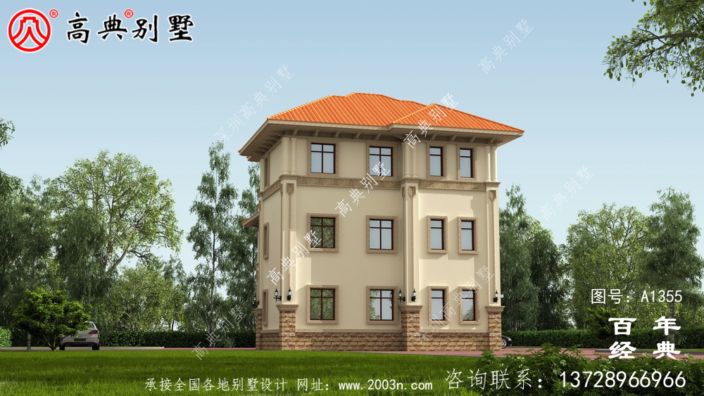 復式三層鄉村別墅外觀設計效果圖紙_別墅設計圖紙