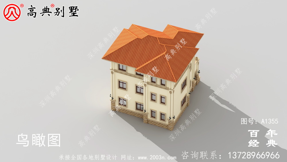 復式三層鄉村別墅外觀設計效果圖紙_別墅設計圖紙