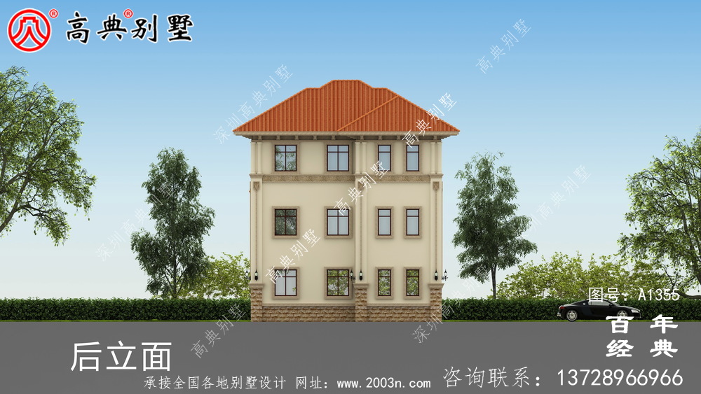 復式三層鄉村別墅外觀設計效果圖紙_別墅設計圖紙