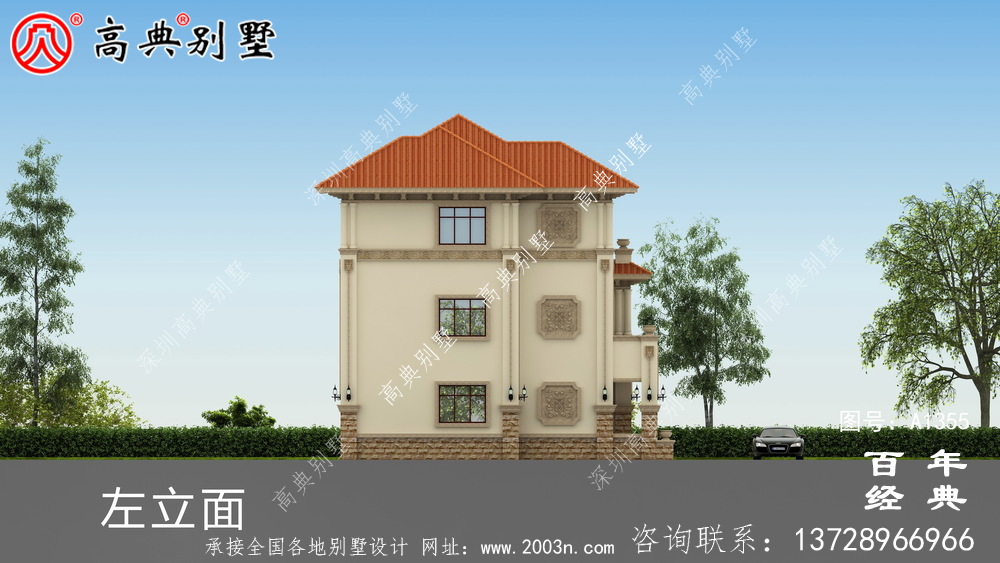 復式三層鄉村別墅外觀設計效果圖紙_別墅設計圖紙