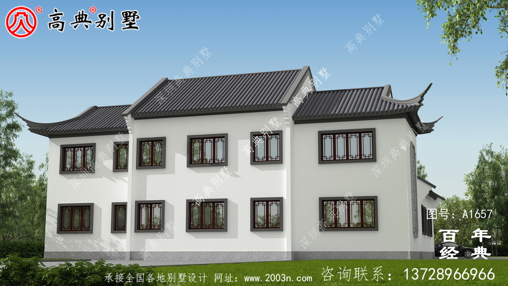 新中式四合院兩層別墅設(shè)計圖紙和效果圖_農(nóng)村兩層別墅設(shè)計