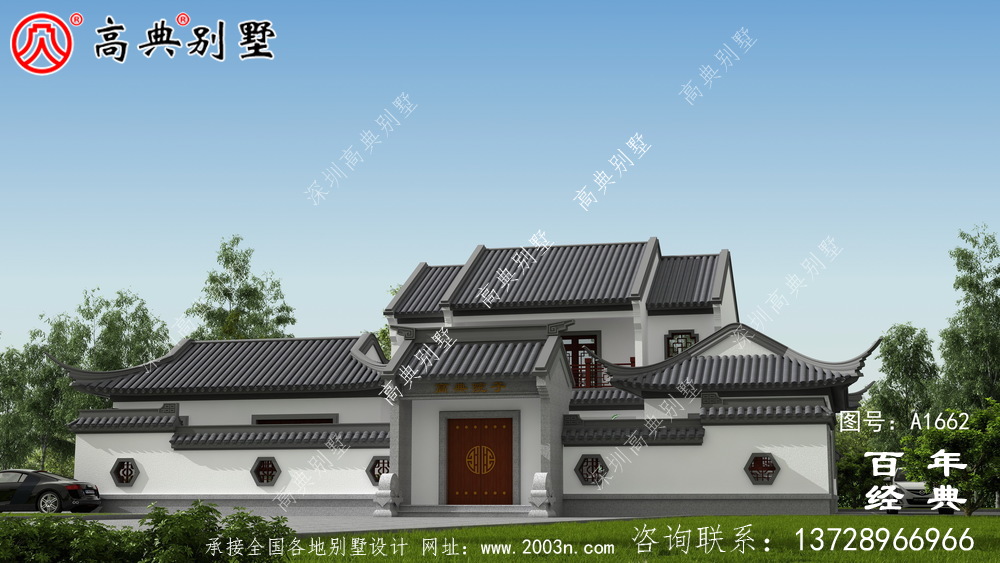 新中式兩層氣派別墅設計圖紙和效果圖_農村兩層別墅設計