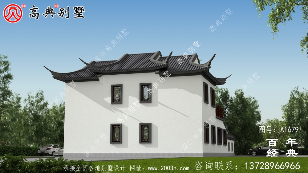 蘇式園林兩層新中式帶庭院別墅外觀效果圖_農村三層別墅設計