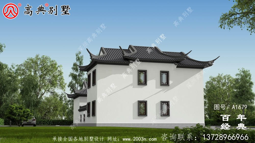 蘇式園林兩層新中式帶庭院別墅外觀效果圖_農村三層別墅設計