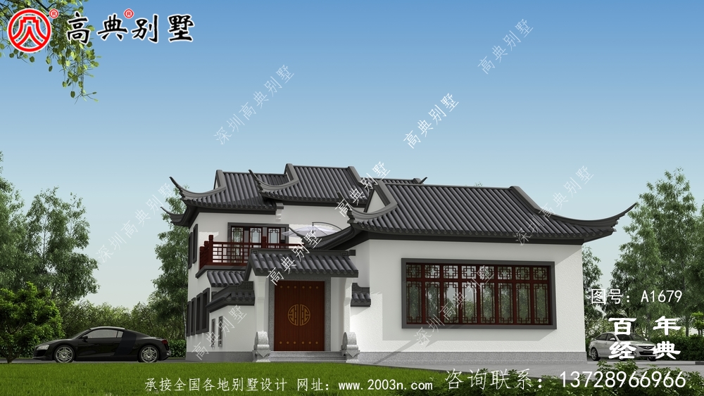 蘇式園林兩層新中式帶庭院別墅外觀效果圖_農村三層別墅設計