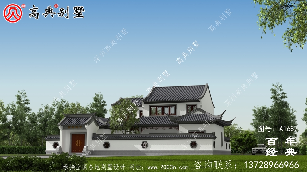 兩層帶庭院中式別墅外觀設(shè)計圖_農(nóng)村三層別墅設(shè)計