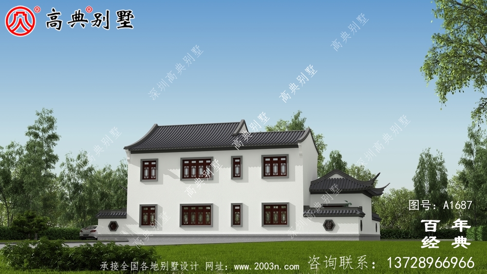 兩層帶庭院中式別墅外觀設(shè)計圖_農(nóng)村三層別墅設(shè)計
