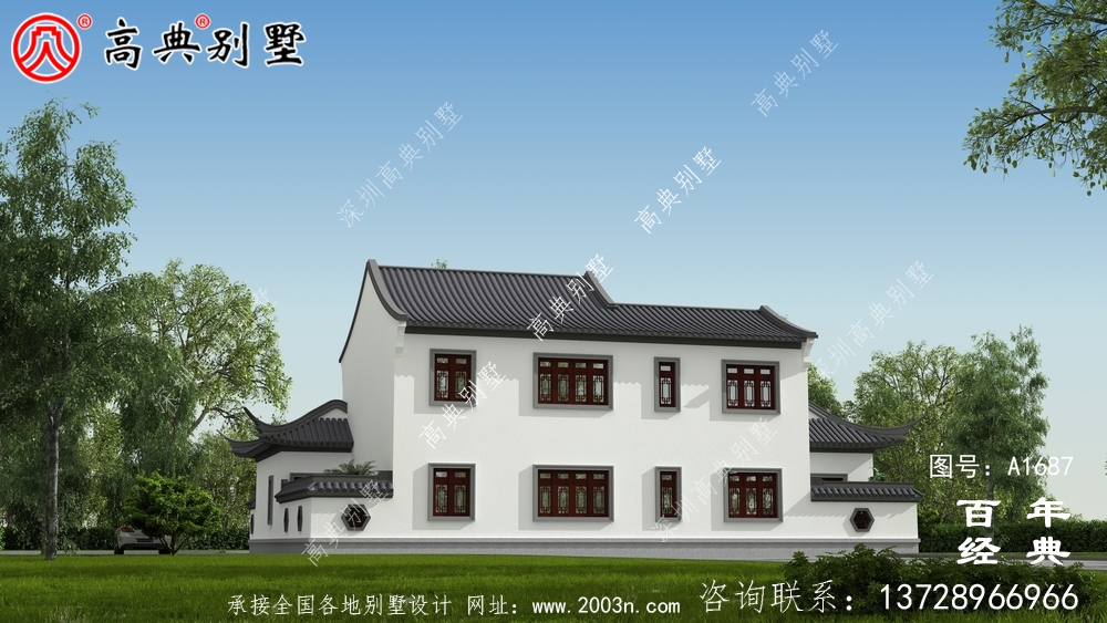 兩層帶庭院中式別墅外觀設(shè)計圖_農(nóng)村三層別墅設(shè)計
