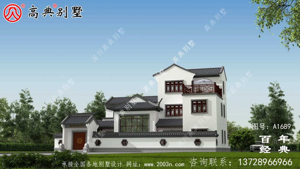 新中式復式三層農村別墅外觀效果圖_農村三層別墅設計