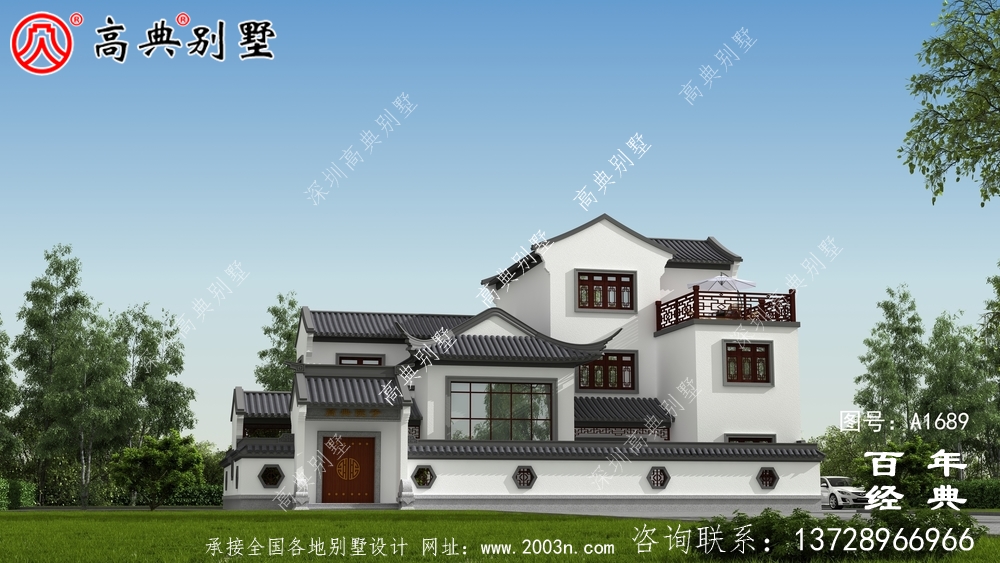 新中式復式三層農村別墅外觀效果圖_農村三層別墅設計