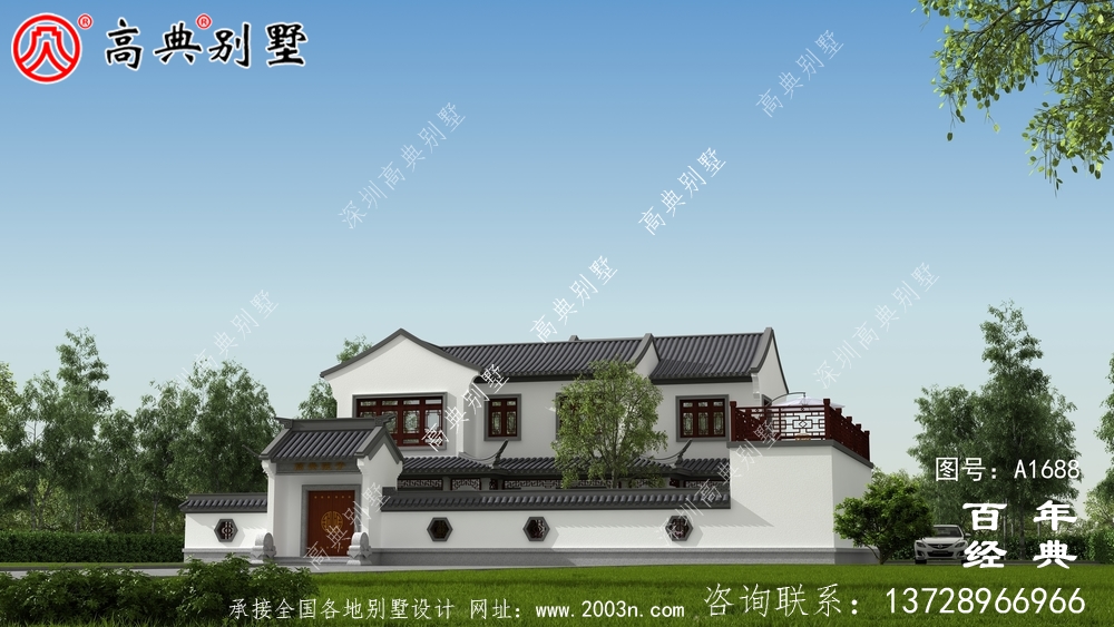 新中式兩層帶庭院農(nóng)村別墅設(shè)計圖紙效果圖_農(nóng)村兩層別墅設(shè)計