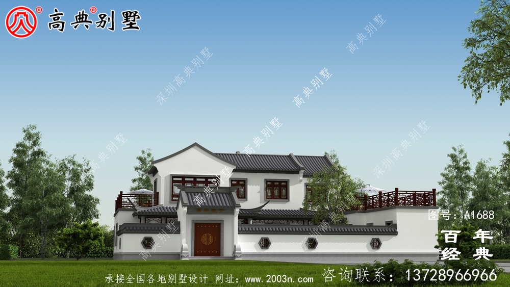 新中式兩層帶庭院農(nóng)村別墅設(shè)計圖紙效果圖_農(nóng)村兩層別墅設(shè)計