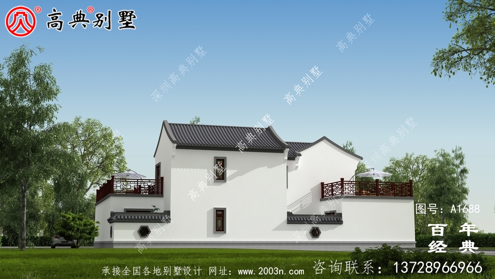 新中式兩層帶庭院農(nóng)村別墅設(shè)計圖紙效果圖_農(nóng)村兩層別墅設(shè)計
