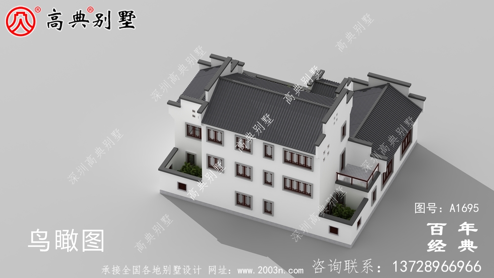 新中式三層徽派別墅外觀效果圖_農村三層別墅設計