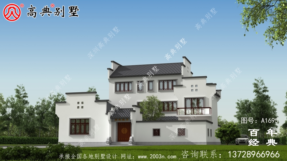 新中式三層徽派別墅外觀效果圖_農村三層別墅設計
