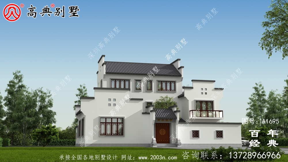 新中式三層徽派別墅外觀效果圖_農村三層別墅設計