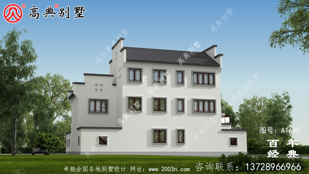 新中式三層徽派別墅外觀效果圖_農村三層別墅設計
