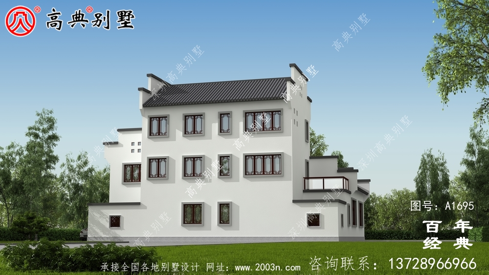 新中式三層徽派別墅外觀效果圖_農村三層別墅設計