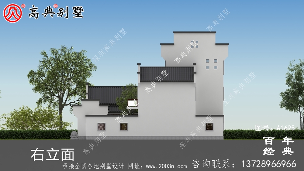 新中式三層徽派別墅外觀效果圖_農村三層別墅設計
