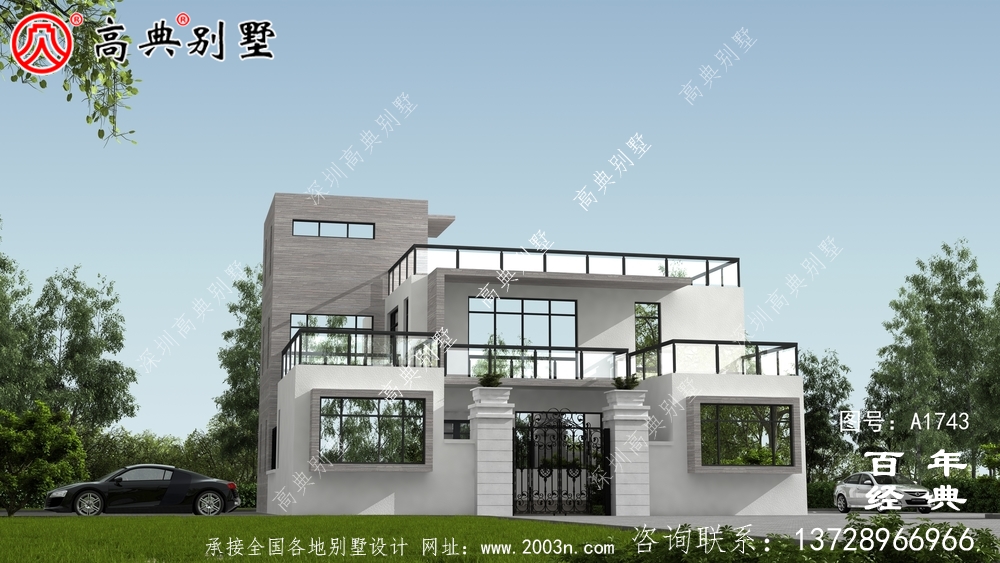 現代風三層帶庭院別墅圖紙及效果圖_農村三層自建房設計圖