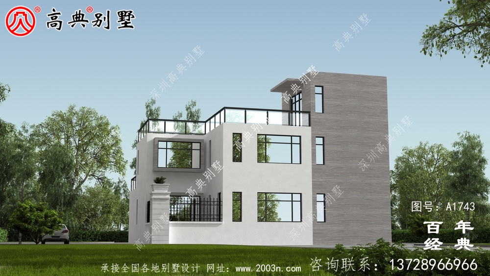 現代風三層帶庭院別墅圖紙及效果圖_農村三層自建房設計圖